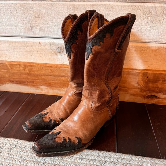 jb dillon Other - JB Dillon Western Boots tooled leather snipped toe brown braided accent